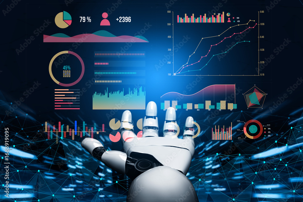 Poster a futuristic robot hand interacts with dynamic data visualization elements, showcasing graphs and st