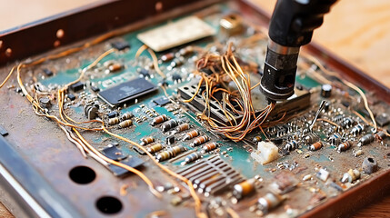 Soldering Iron in Use on a Circuit Board with Exposed Wiring and Components
