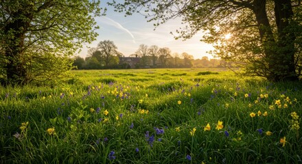 Vibrant Spring Meadow at Sunset