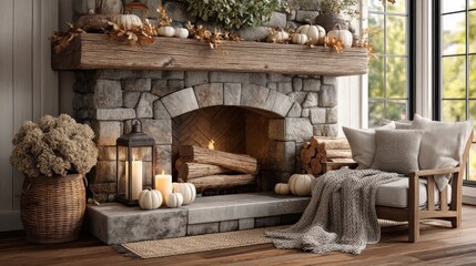 Obraz premium Fall & Autumn : Cozy fireplace with pumpkins and decor in a warmly lit room.