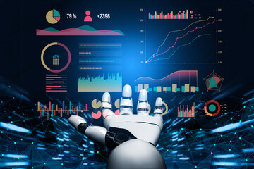 A futuristic robot hand interacts with dynamic data visualization elements, showcasing graphs and statistics in a high-tech digital environment, embodying innovation. Impute