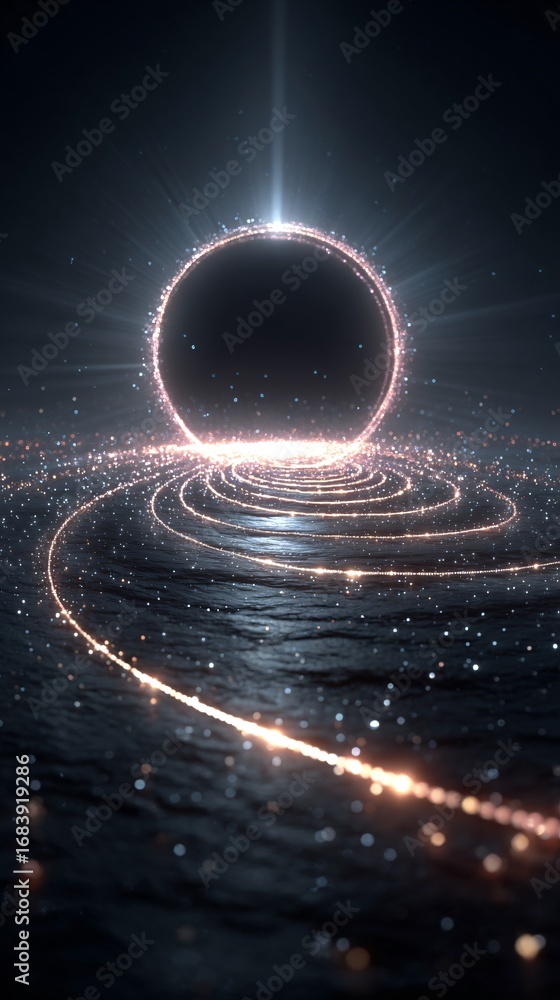 Poster a luminous ring of light particles encircles a dark sphere, creating a portal or black hole effect w