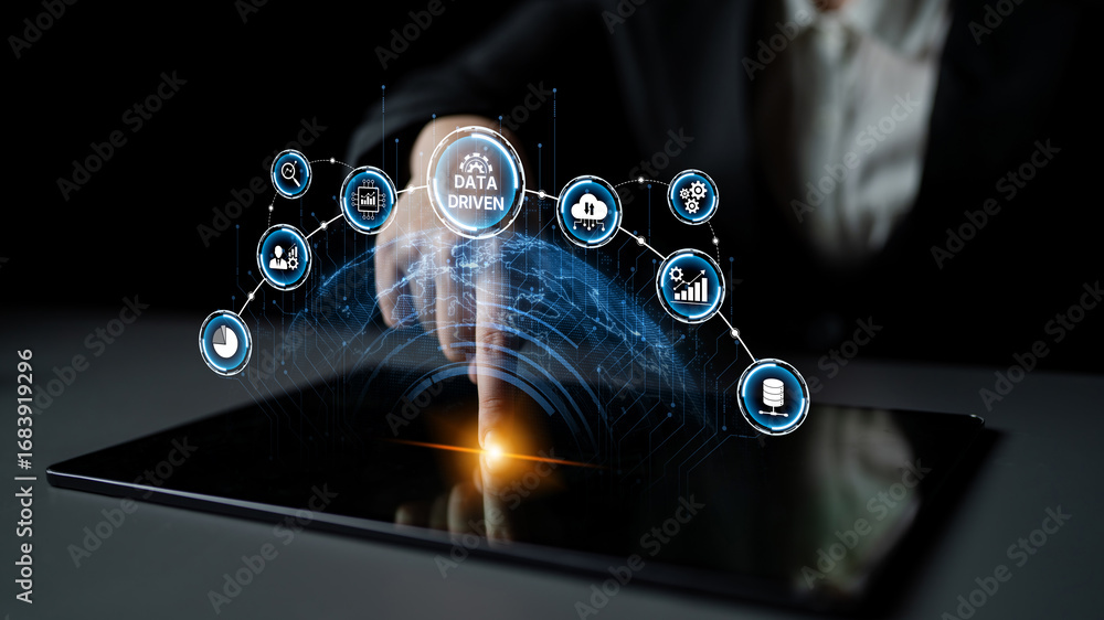 Poster data-driven decision-making empowers business through analytics, datum collection, and ai systems. d