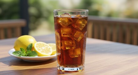 Refreshing Iced Tea with Lemon and Mint on Wooden Table