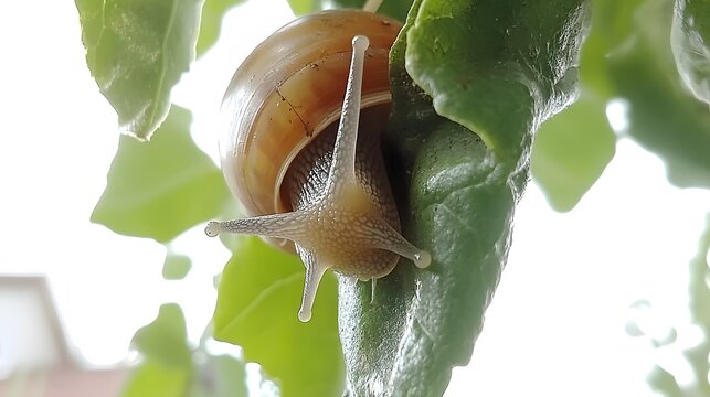 Closeup Snail on Green Leaf Macro Photography - Powered by Adobe