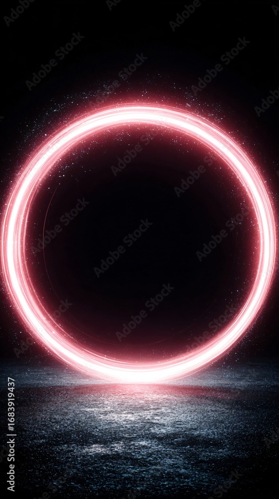 Poster a bright, glowing red circle of light on a dark, textured ground, creating a portal or gateway effec