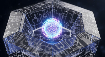 Abstract macro shot of a single qubit, glowing intensely within a complex, crystalline structure, like a tiny star in a circuit universe _2