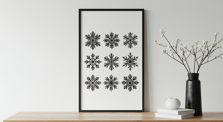 Winter minimalist wall art with abstract snowflake patterns in black and white, framed and hung on a light wall