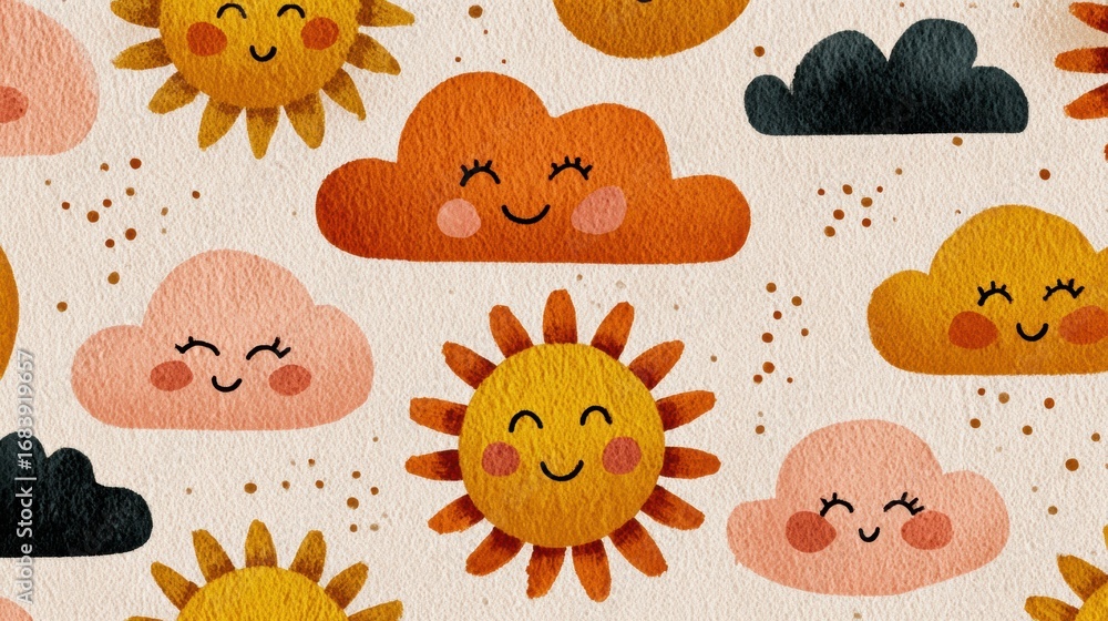 Poster colorful pattern featuring smiling suns and clouds in shades of orange and brown against a light bac