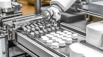 Automated Robotic Arm Handling Bottles on a Pharmaceutical Production Line