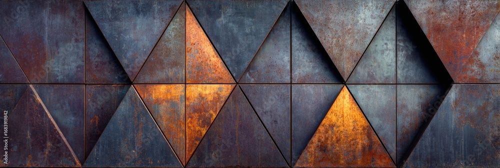 Poster abstract geometric design displays a series of triangular shapes crafted from weathered metal, showc