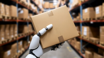 Robot Arm Holding a Cardboard Box in a Warehouse