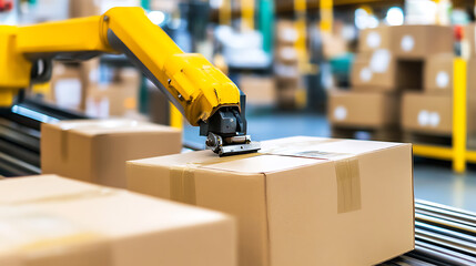 Automated Robotic Arm Scanning Packages on Conveyor Belt in Warehouse
