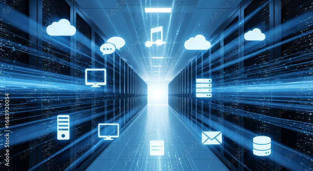Poster a server room with data icons floating between the server racks in a bright blue color scheme view