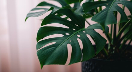 Close Up of a Lush Green Monstera Plant in a Black Pot