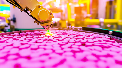 Automated Robotic Arm Processing Pink Tablets in a Manufacturing Facility