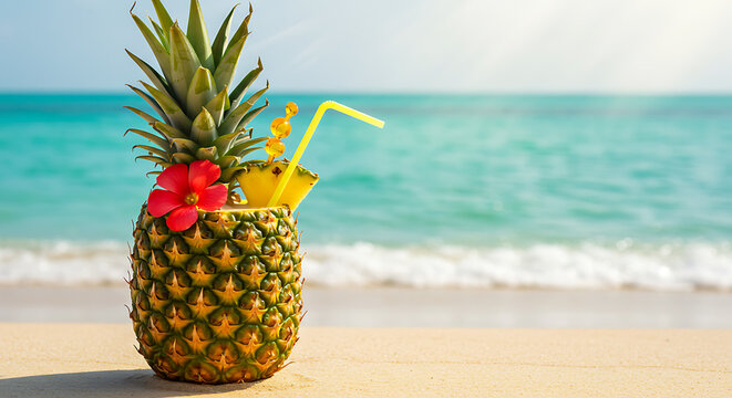 Exotic piña colada served in a hollowed pineapple with straw and tropical flower, placed near the ocean
