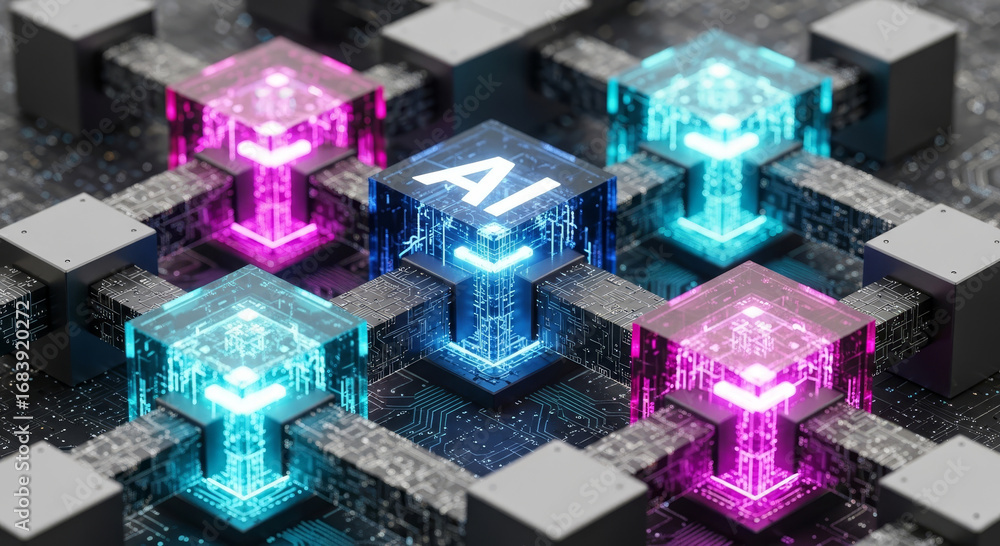 Aufkleber conceptual ai network with glowing cubes connected by intricate digital pathways and dark gray block