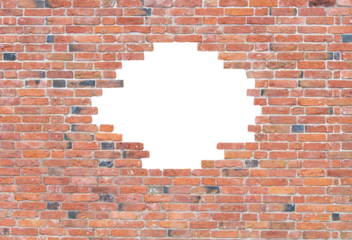 Missing bricks making a hole in a red brick wall with a transparent background.