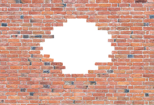 Fototapeta Missing bricks making a hole in a red brick wall with a transparent background.