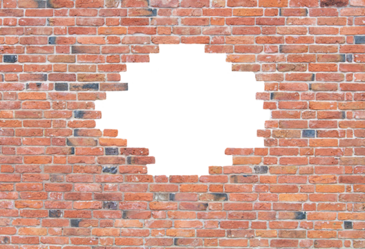 Missing bricks making a hole in a red brick wall with a transparent background.