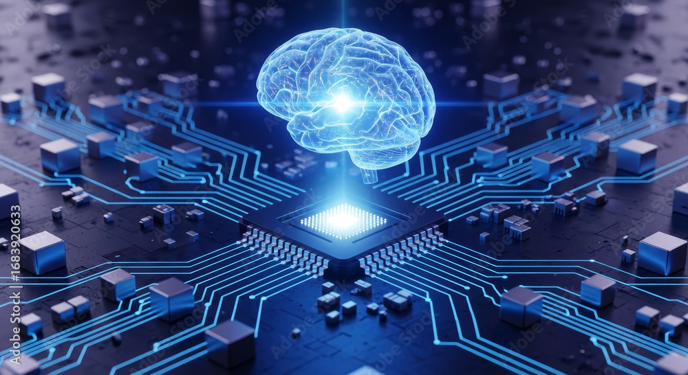 Poster glowing brain above a computer chip with blue circuit board and cubes in a dark background design