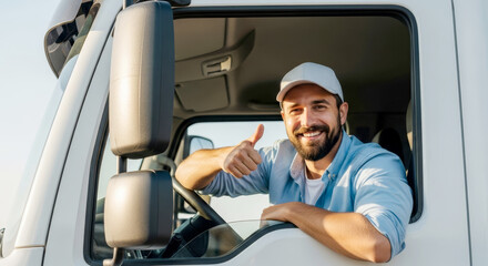 Happy truck driver giving thumbs up from cabin, ready for road delivery success and logistics.