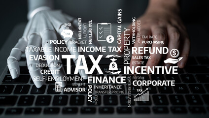 A close-up view of hands typing on a laptop, surrounded by key tax and finance terms, illustrating...