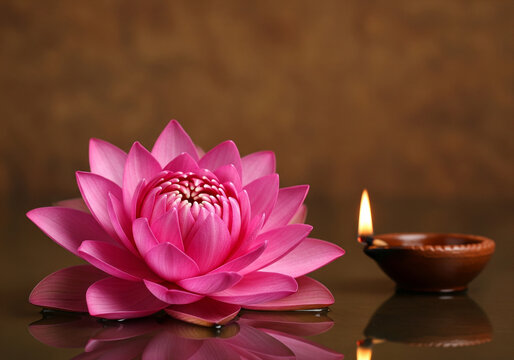 A Pink Lotus flower and an oil lamp diya in the blur earthen color background