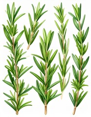 Obraz premium Several Fresh Rosemary Sprigs with Needle Like Green Leaves on White Background