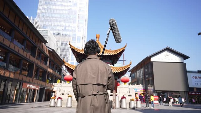 A photographer's back view holding a microphone while shooting traditional Chinese architecture in an urban street scene