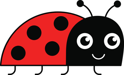 cartoon ladybug character waving hand, friendly insect mascot vector illustration, cheerful bug with big eyes, kids friendly design, colorful animal character