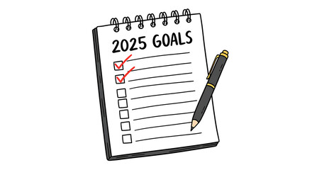 Vector illustration of “2025 Goals” notebook with handwritten checklist items, one goal checked, isolated on white