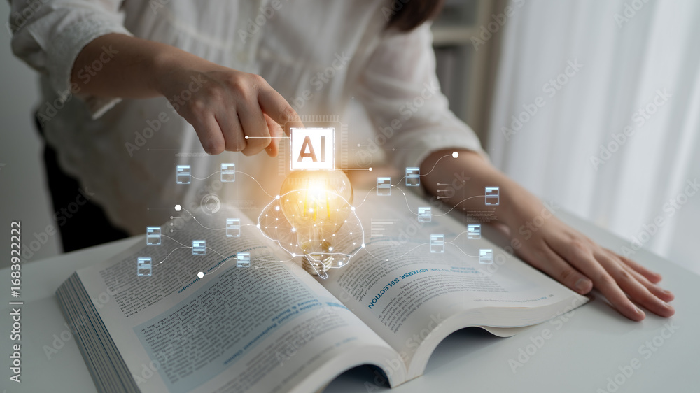 Poster ai neural network and data processing system visualizing artificial intelligence with brain structur