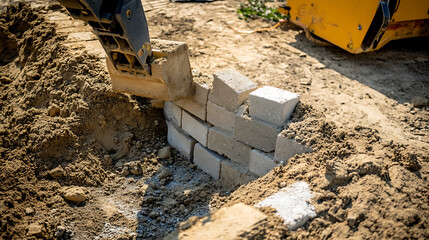Excavator Arm Placing Concrete Blocks at Construction Site