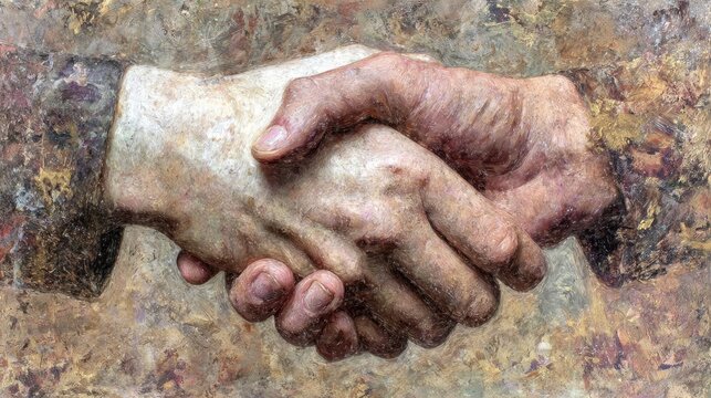 Textured art depiction of a symbolic handshake between two individuals against an earth-toned background evoking agreement and connection.