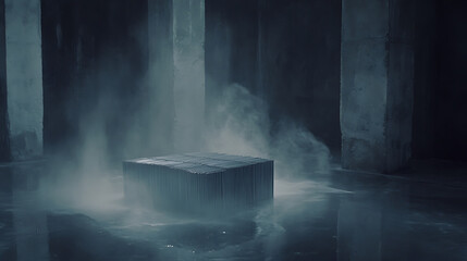 Mysterious Cube in Foggy Industrial Setting