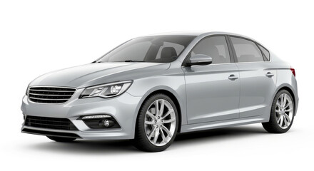 Obraz premium Sleek silver sedan front three-quarter view, showcasing modern design and elegant automotive lines on white background