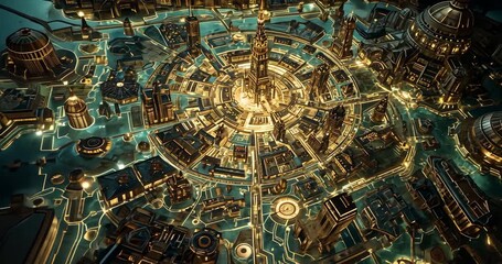 Rotating camera circling city over water channels, revealing central spire and radial streets - Powered by Adobe