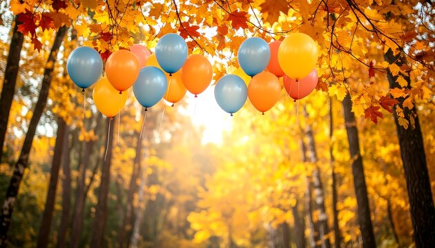 Colorful balloons float under vibrant autumn leaves in a serene forest setting during the afternoon
