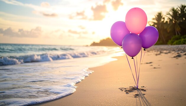 Colorful balloons resting on a beautiful beach as the sun sets over the ocean in the early evening