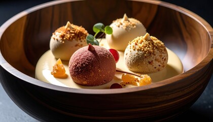 Gourmet dessert with three elegant round spheres covered with nuts and cocoa powder, presented in a wooden bowl with a creamy sauce and physalis. Restaurant fine dining concept