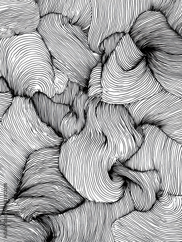 Poster lines intertwine and flow in a captivating black and white design, creating a rich texture that evok