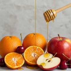 Honey Drizzling on Ripe Oranges Apples and Cherries