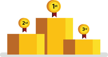 Flat design winner podium vector illustration, 1st 2nd 3rd medals on yellow stage, competition ranking concept, award platform design
