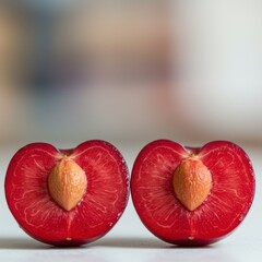 Two Halves of a Red Plum with Visible Seeds
