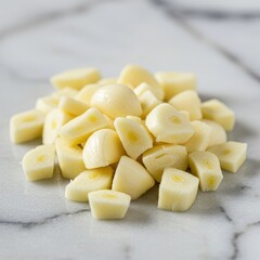 Chopped White Garlic Pieces on Marble Surface