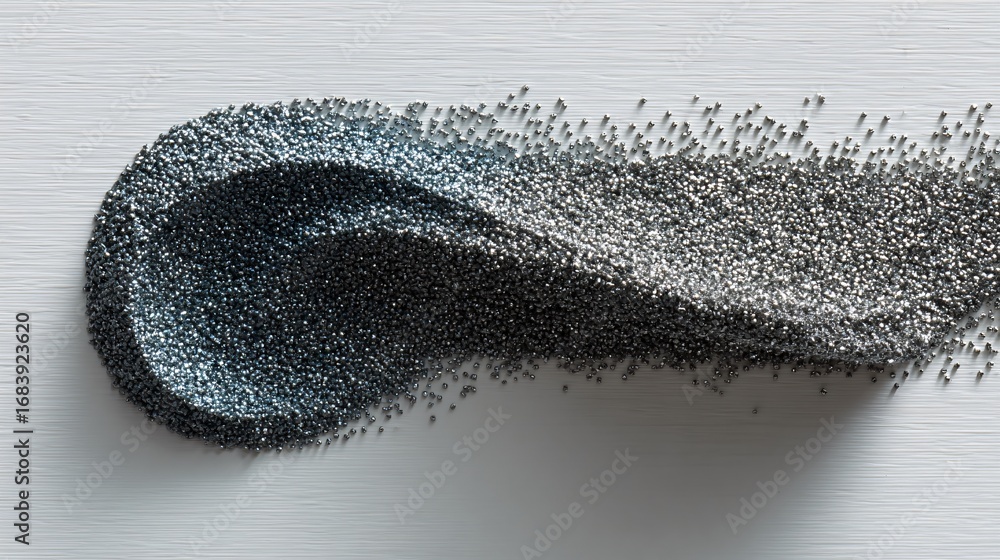 Poster a dynamic wave of dark metallic glitter particles flowing across a light wooden surface, creating an