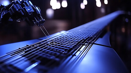 Robotic Arm Adjusting Strings on a Guitar in a Dimly Lit Room