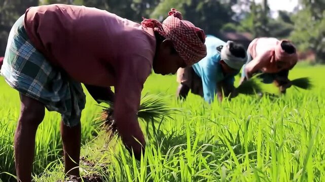 Farmers Manually Planting Rice Seedlings in a Lush Green Paddy Field.